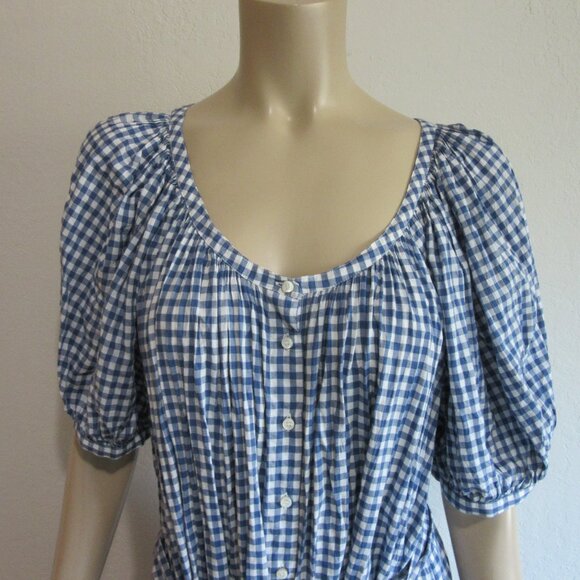 DOEN Blue & White Gingham Check Midi Button L Puffy Sleeves Waist Sash Dress - Picture 2 of 5